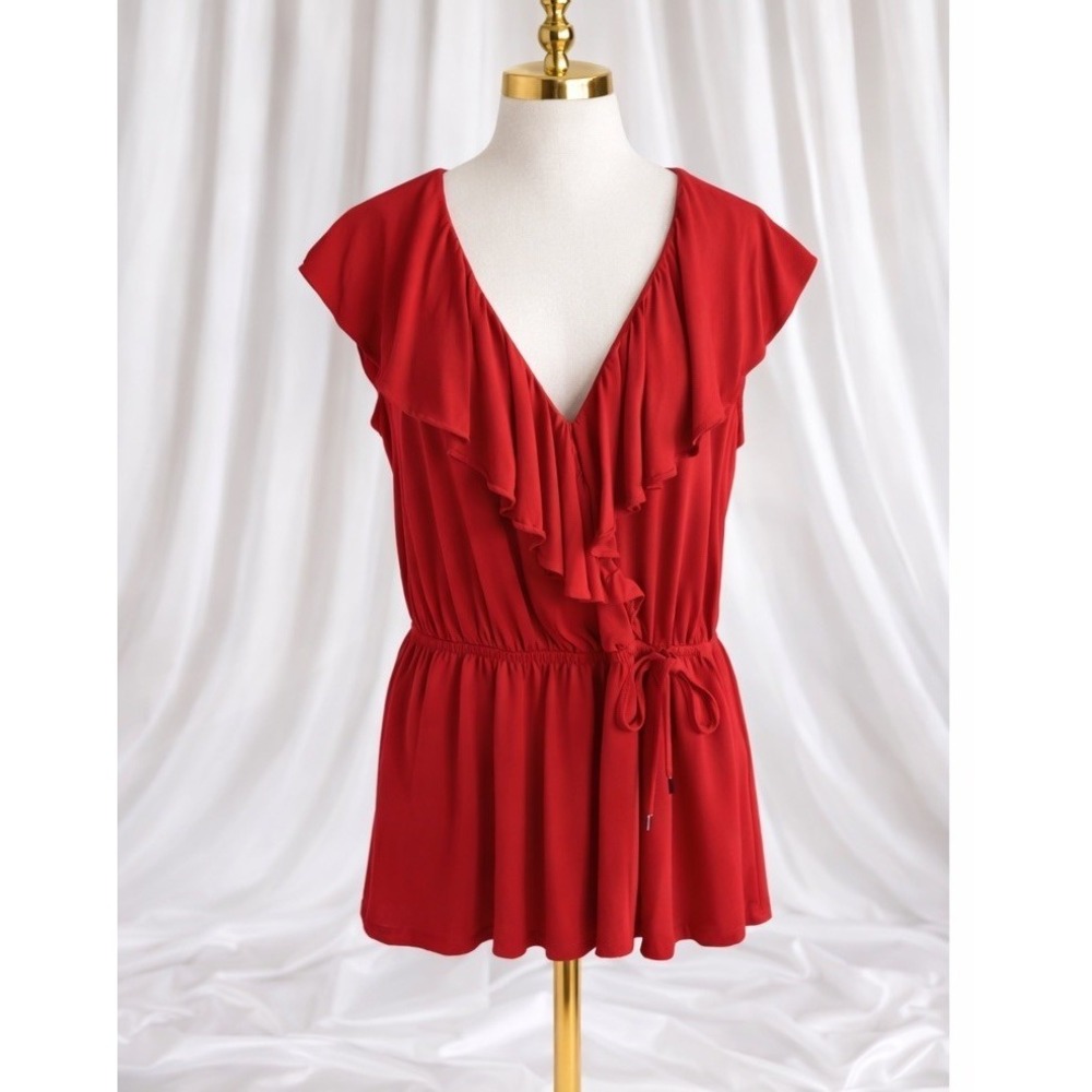 Lauren Ralph Lauren LRL Red Knit Sleeveless Top Ruffle Front Cinch Waist Size S